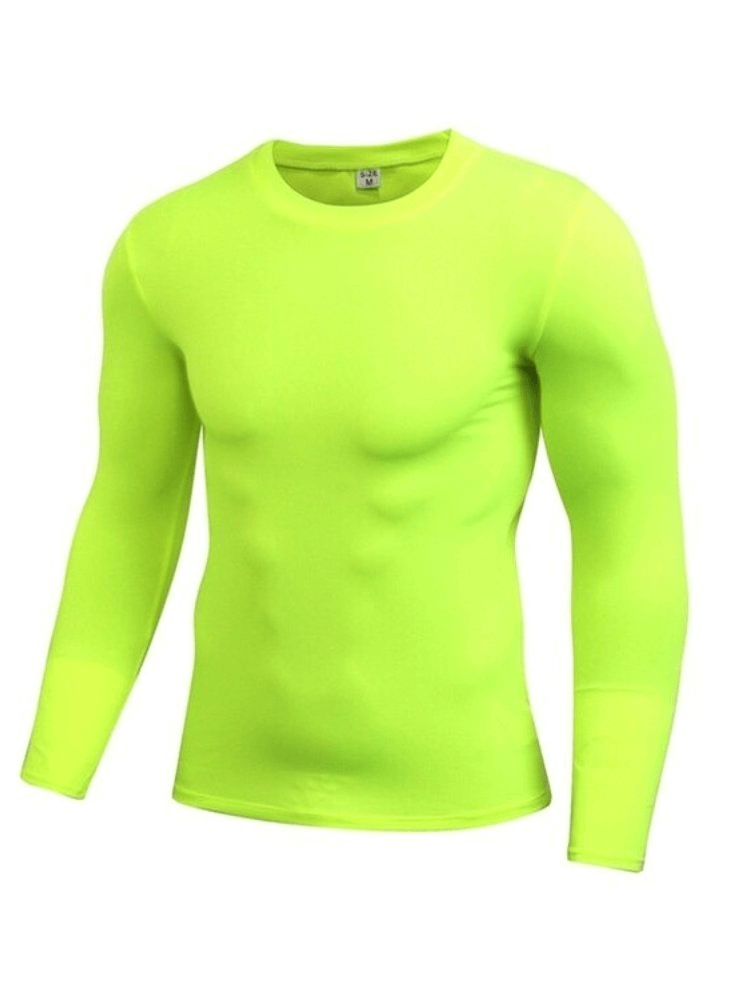 Neon green men's lightweight sports compression shirt, perfect for breathability and performance. Great for basketball, cycling, and climbing.